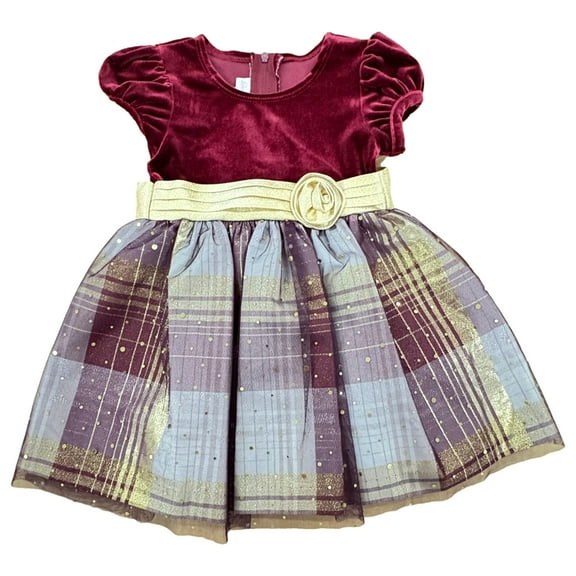 Bonnie Baby Girls Burgundy Red & Gold Plaid Holiday Christmas Dress 18 Months