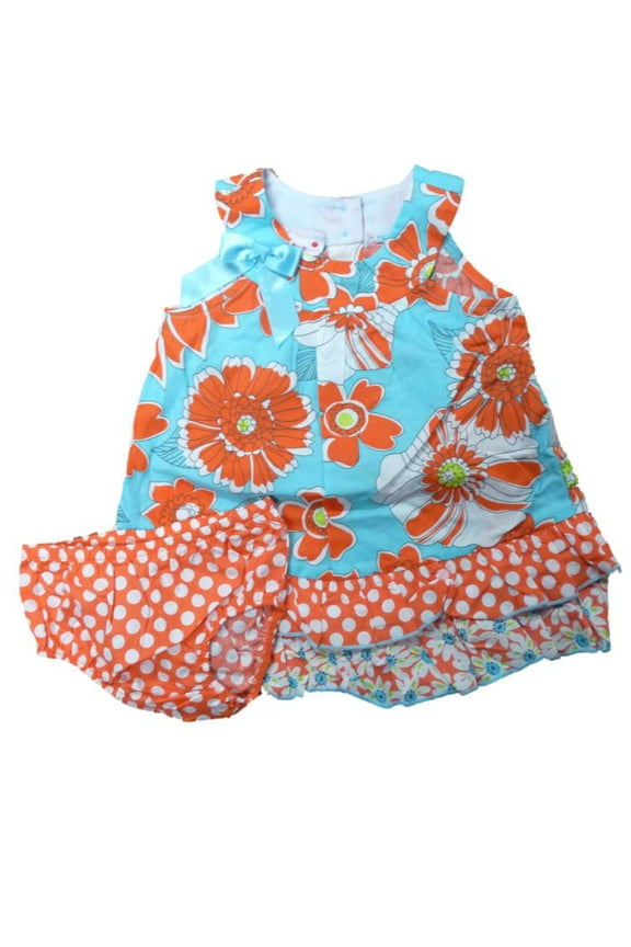 Infant Girls Turquoise Blue Orange Flower Ruffled Dress Sun Dress 12m