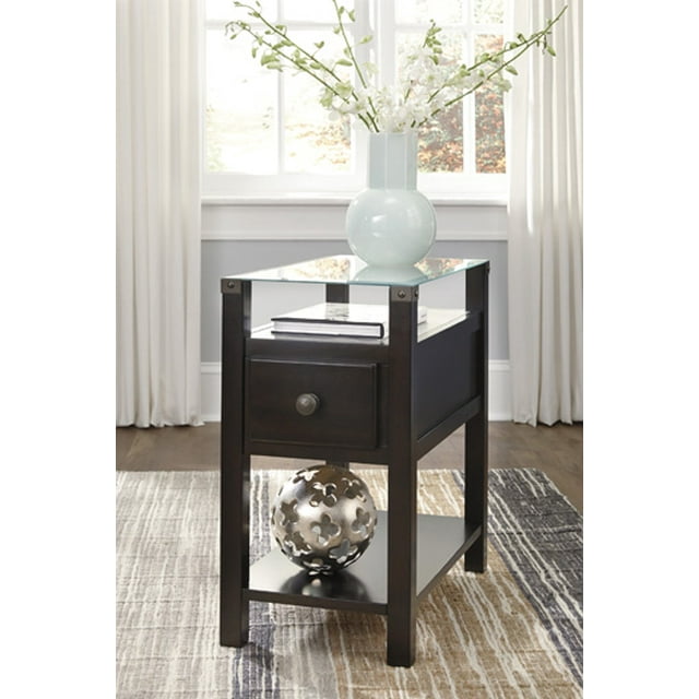 Ashley Diamenton Glass Top Storage End Table with USB Ports in Black