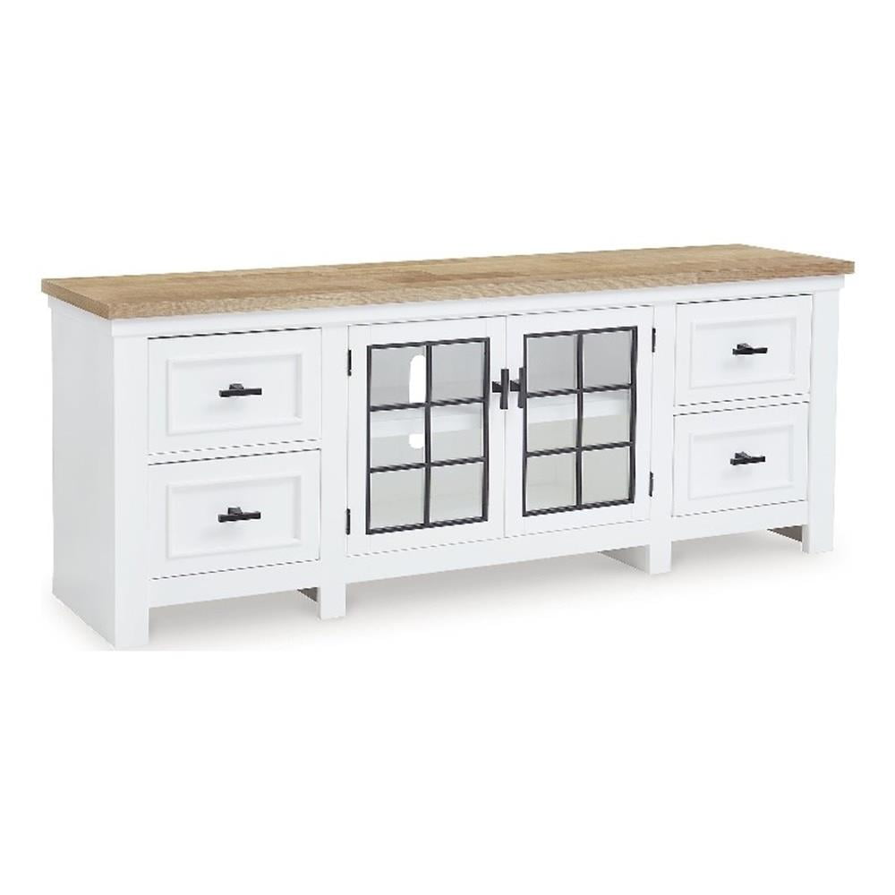 White and Natural 74 Inch TV Stand with Cabinets
