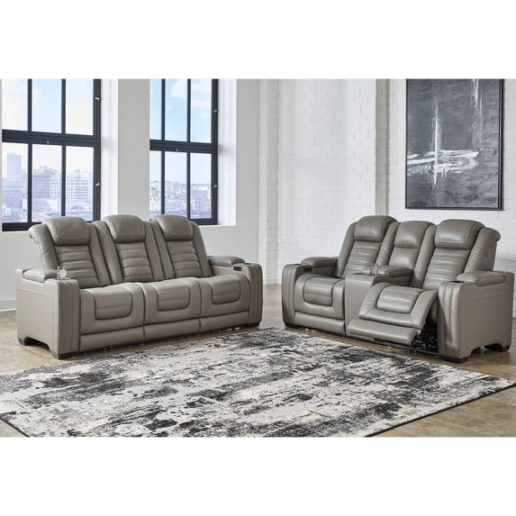 Ashley Furniture Backtrack Leather Reclining Sofa with Headrest in Light Gray
