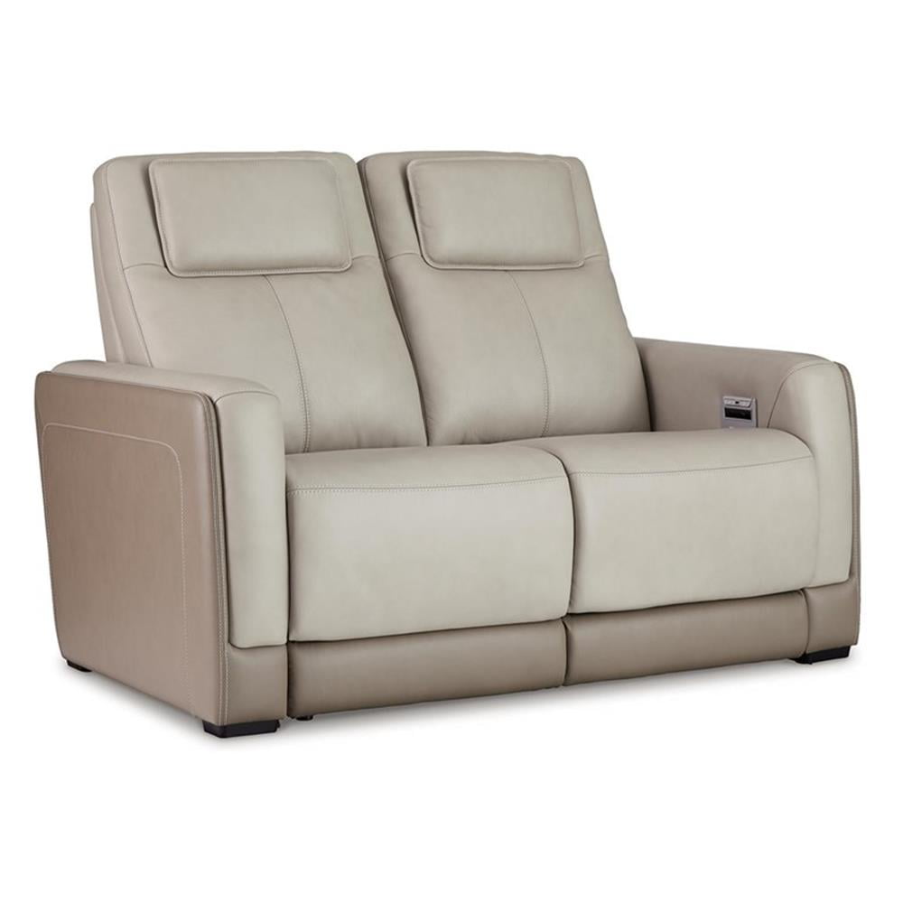 Contemporary Beige-White Leather Power Reclining Loveseat