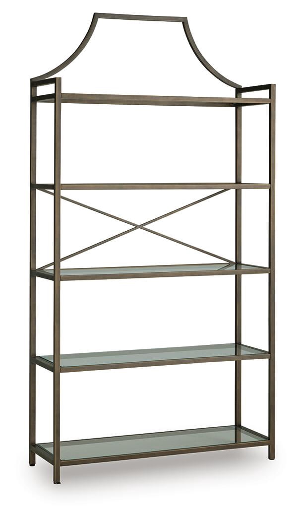 Ashley Furniture Bernonly 72" Glass Bookcase - 5 Shelf Metal Frame Display Storage Unit, Antique Bronze Finish