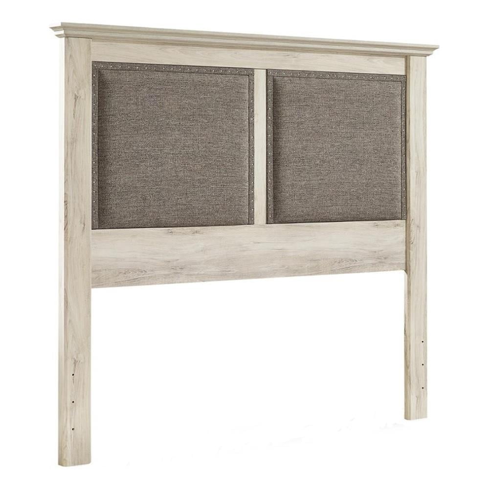 White and Gray Upholstered Queen Panel Bed with USB Ports