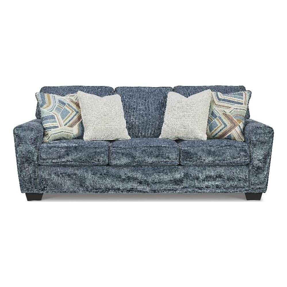 87" Blue Polyester Track Arm Sofa with Accent Pillows