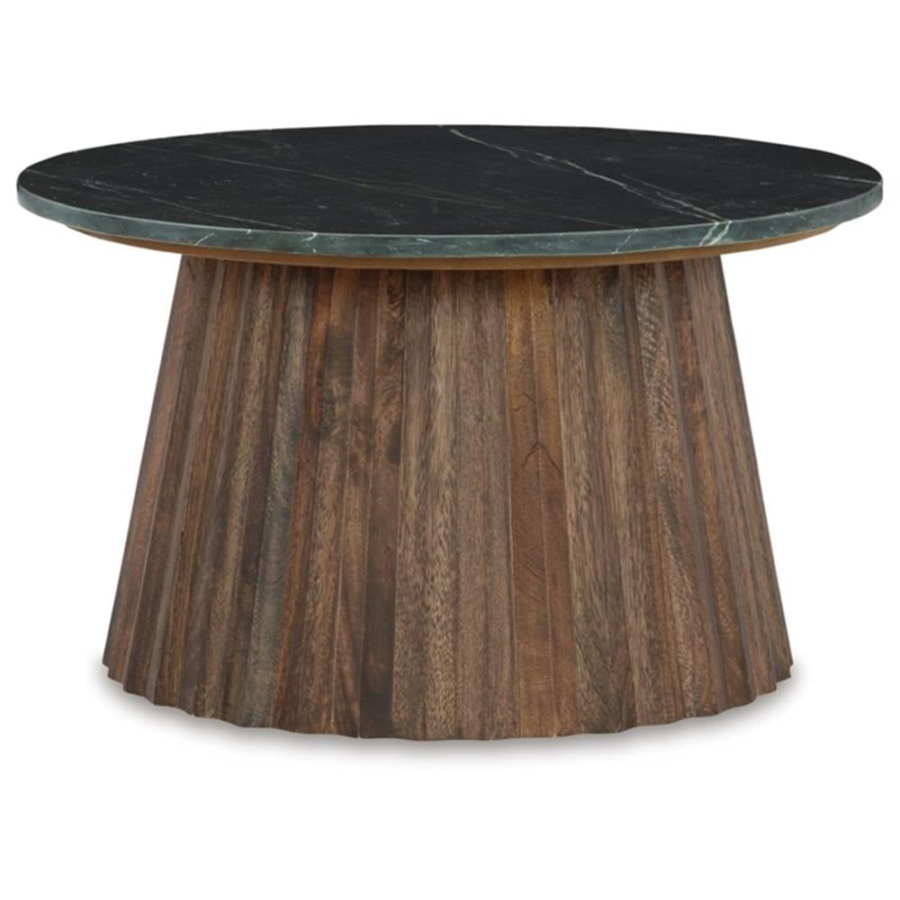 Round Black Marble and Brown Wood Coffee Table