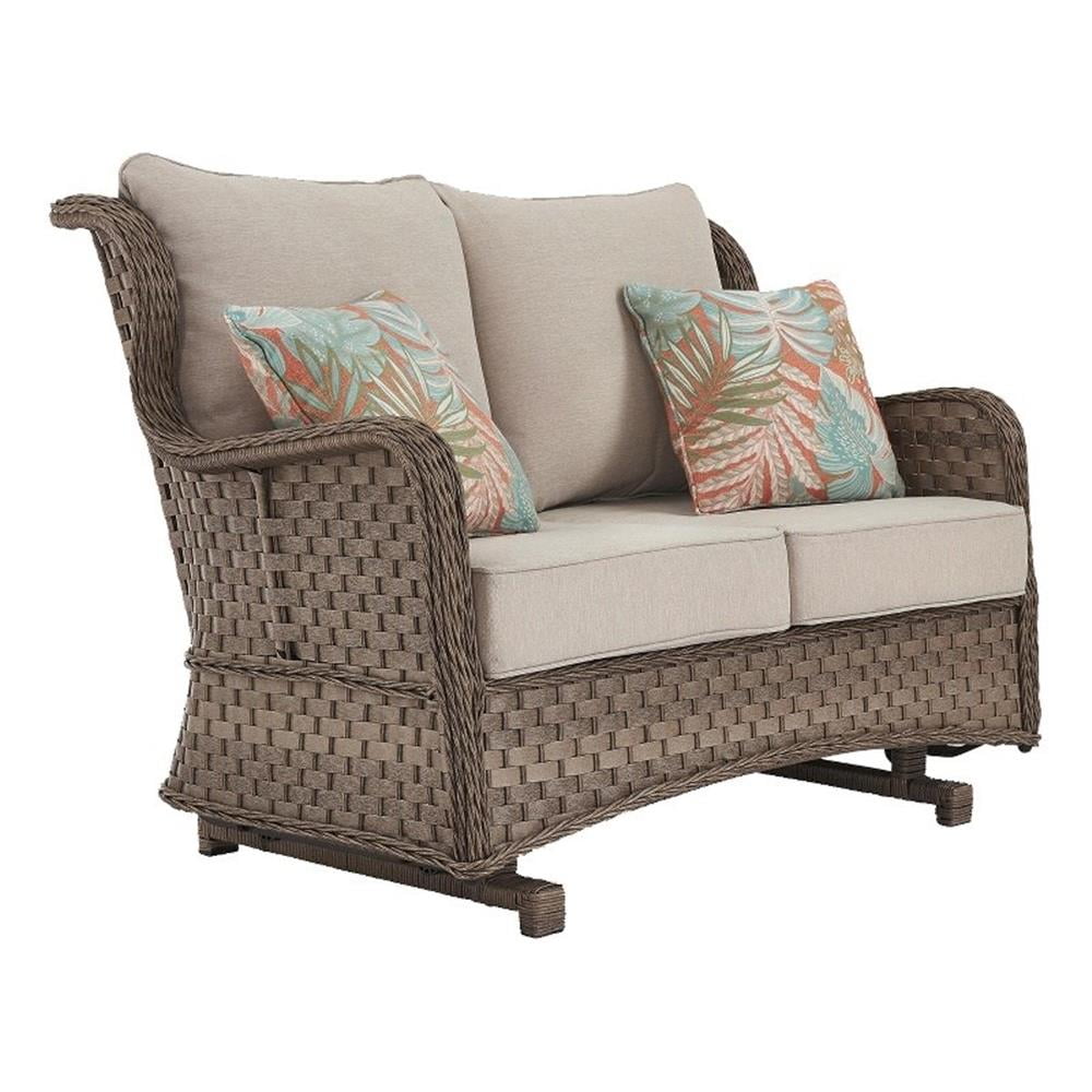 Beige Wicker and Plastic Outdoor Glider Loveseat with Cushions