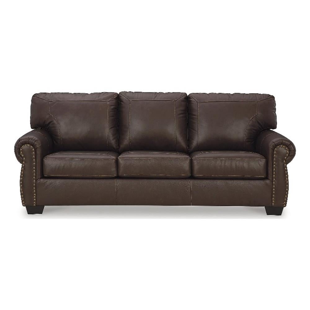 Traditional Brown Faux Leather Sofa with Nailhead Trim
