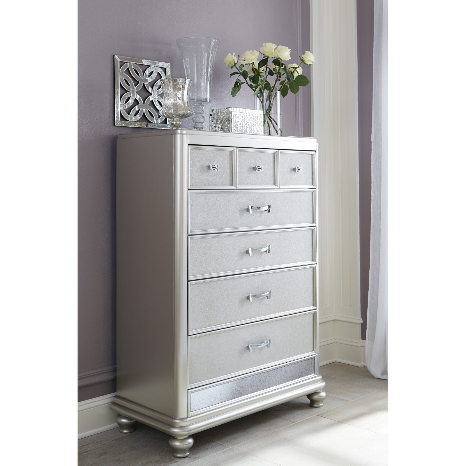 Glamorous Silver Mirrored 5-Drawer Chest with Felt-Lined Dovetail Drawers