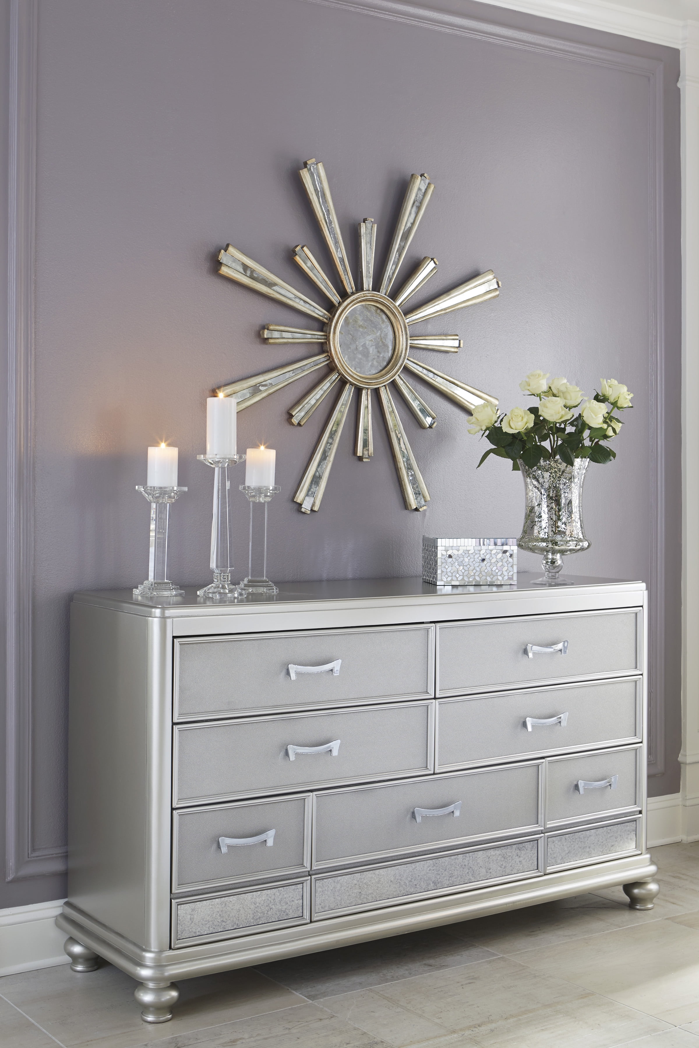 Glam Silver 64.5" Traditional Dresser with Mirror Accent
