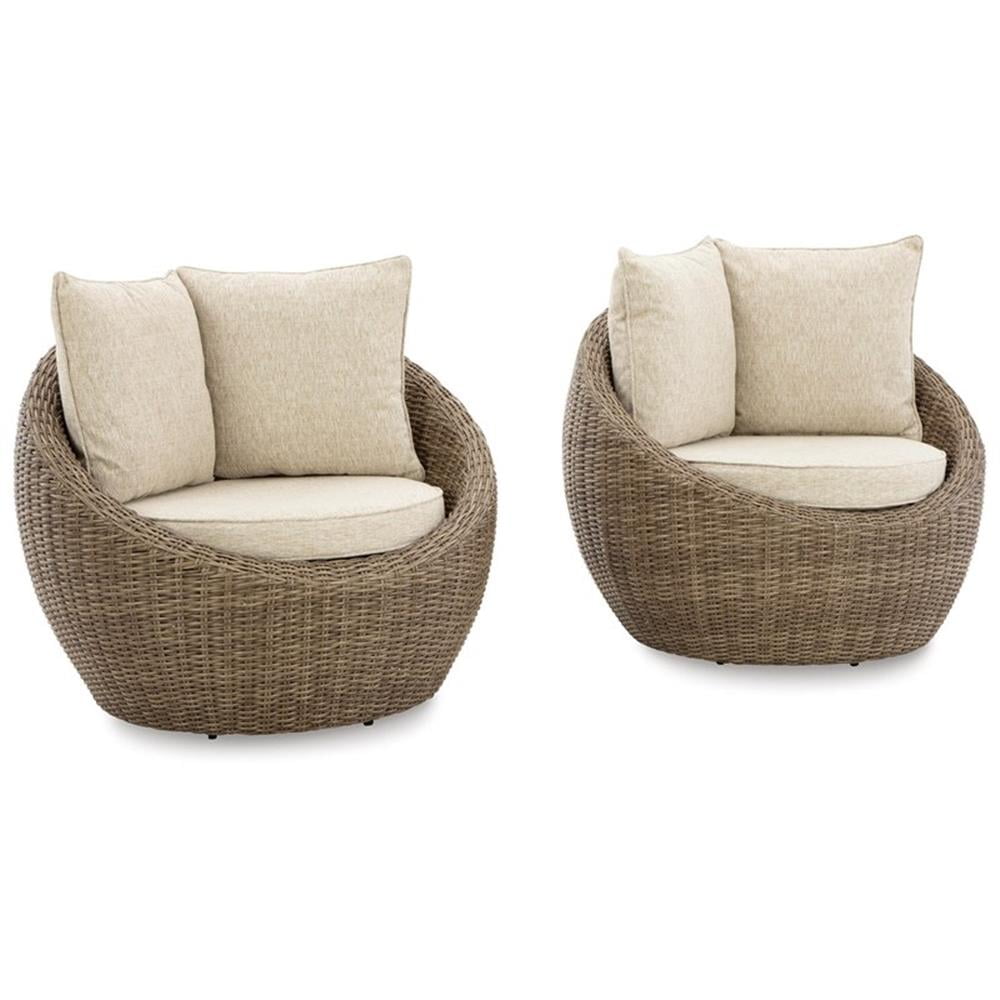 Beige and White Resin Wicker Swivel Lounge Chair Set