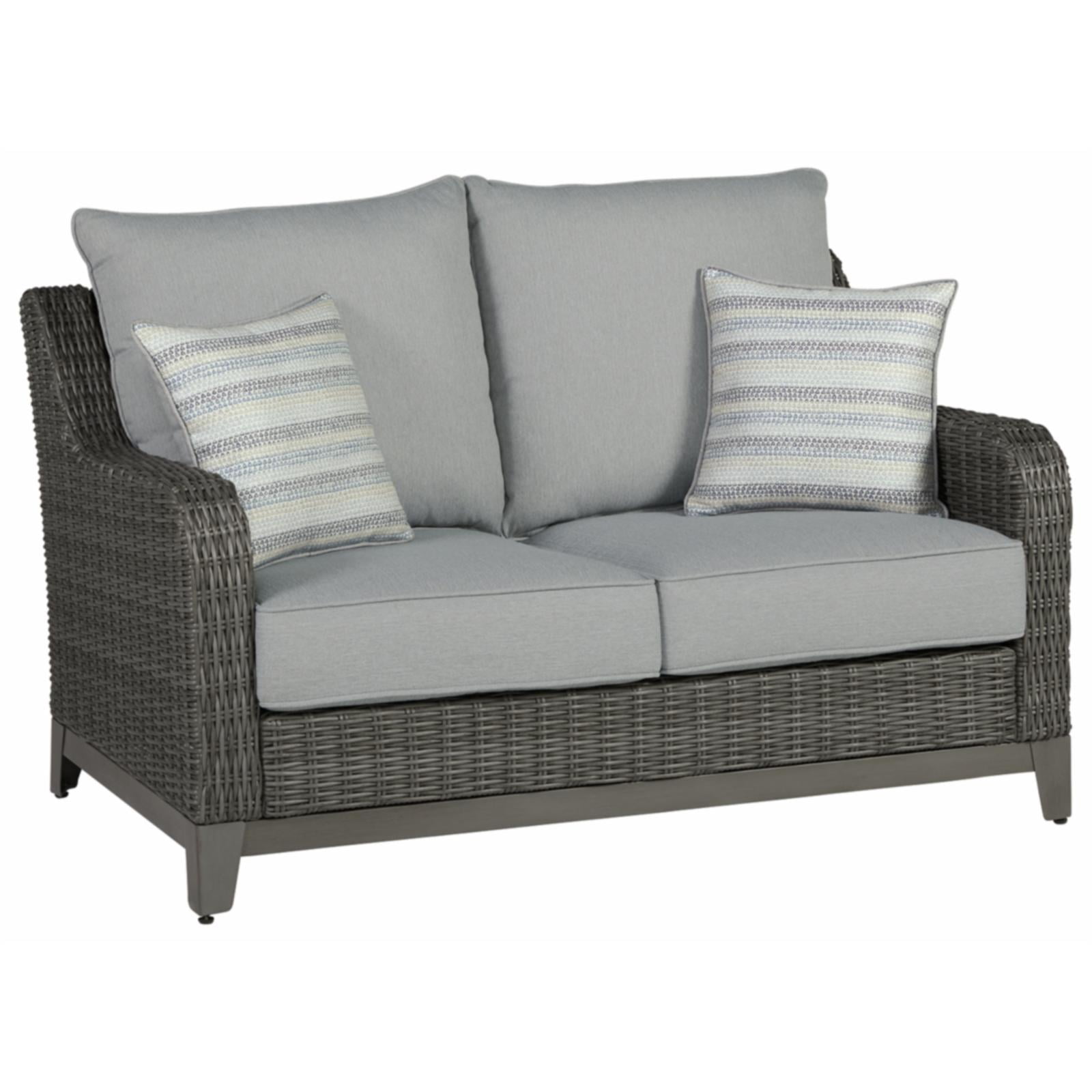 Gray Wicker and Aluminum Outdoor Loveseat with Cushions