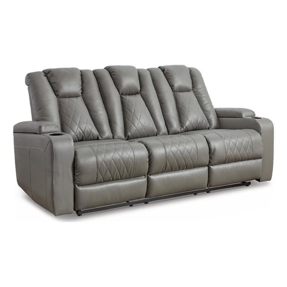 Ashley Furniture Faux Leather Drop Down Table Reclining Sofa, Gray