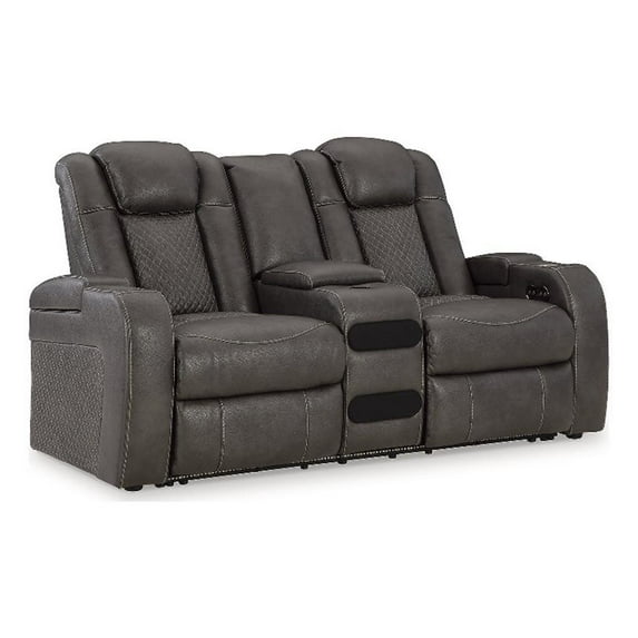 Ashley Furniture Fyne-Dyme Dark Gray Power Reclining Loveseat with Console