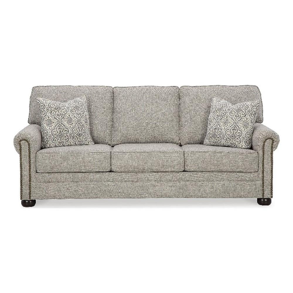 Beige Herringbone Nailhead Transitional Stationary Sofa with Removable Cushions