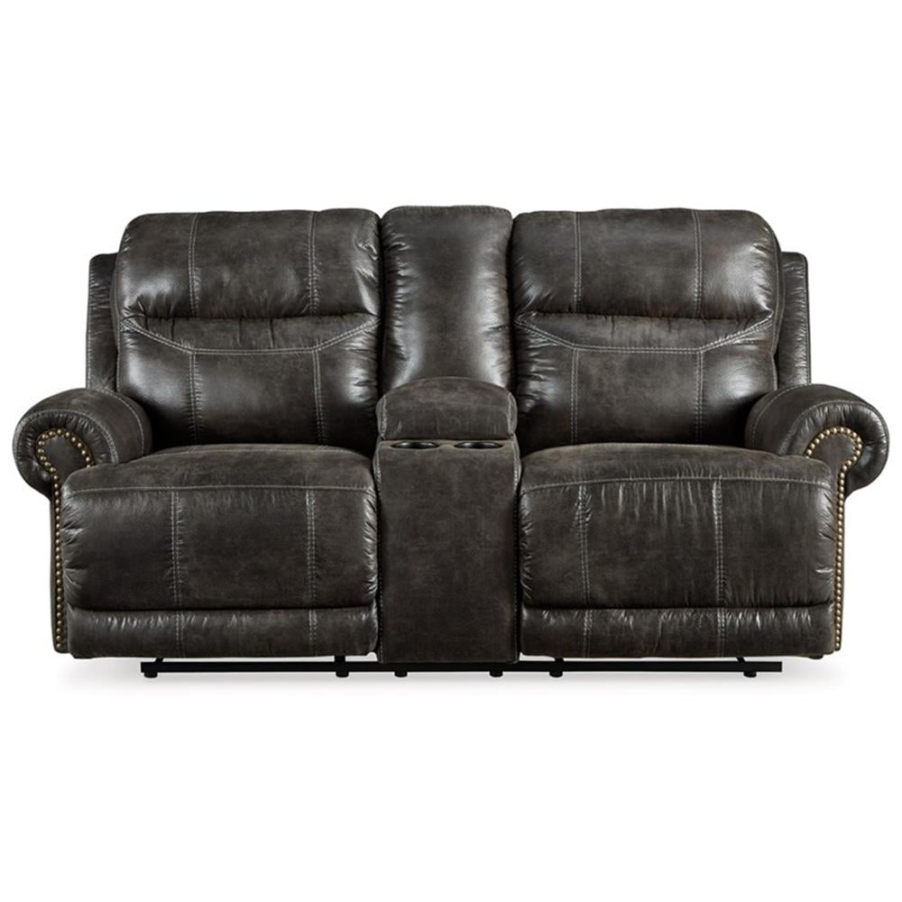 Charcoal Faux Leather Reclining Loveseat with Cup Holder