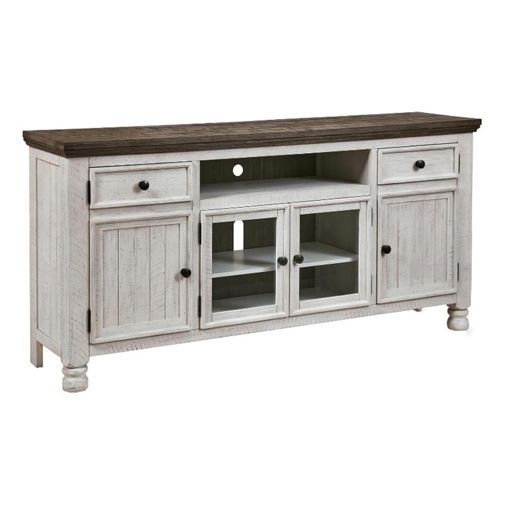 Transitional Two-Tone White and Weathered Gray 74'' Media Console with Cabinet