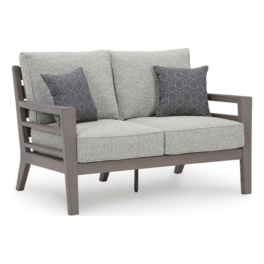 Gray and Brown Weatherwood Outdoor Loveseat with Cushions