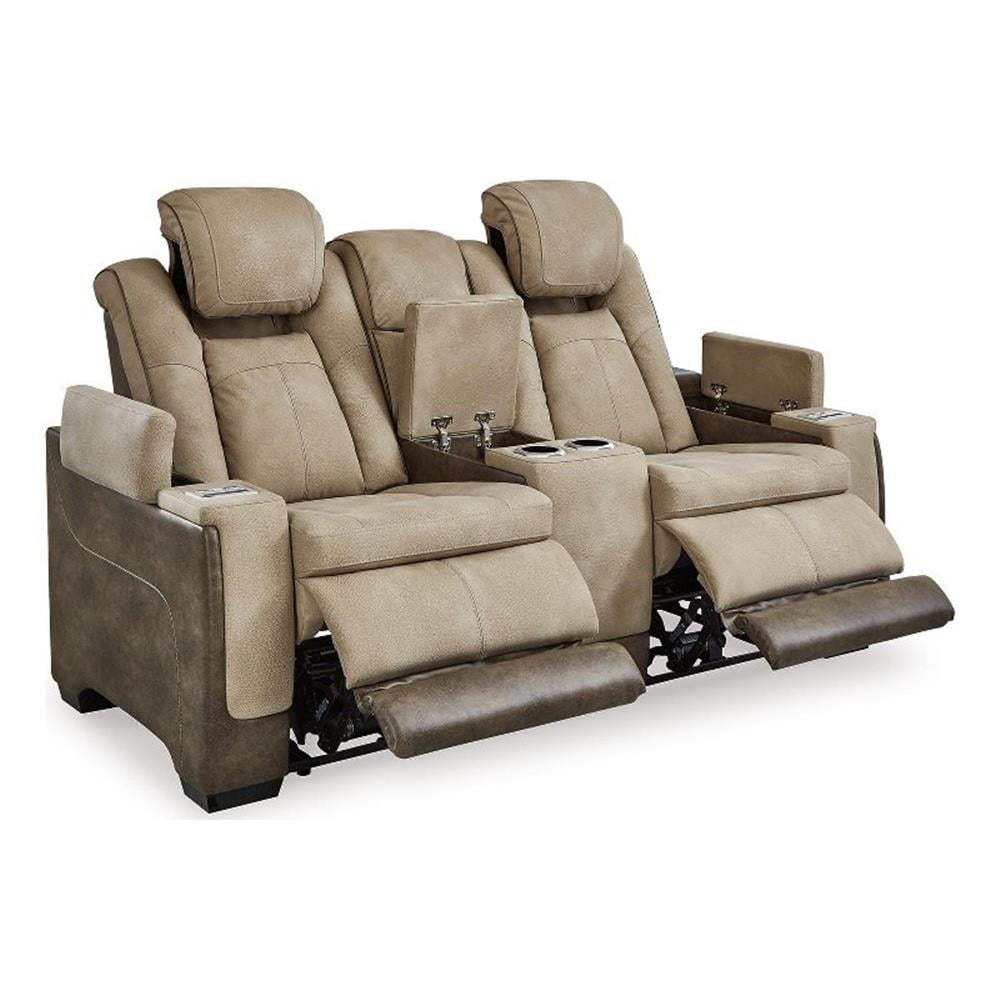 Sand Faux Leather 75" Power Reclining Loveseat with Storage & Cup Holder