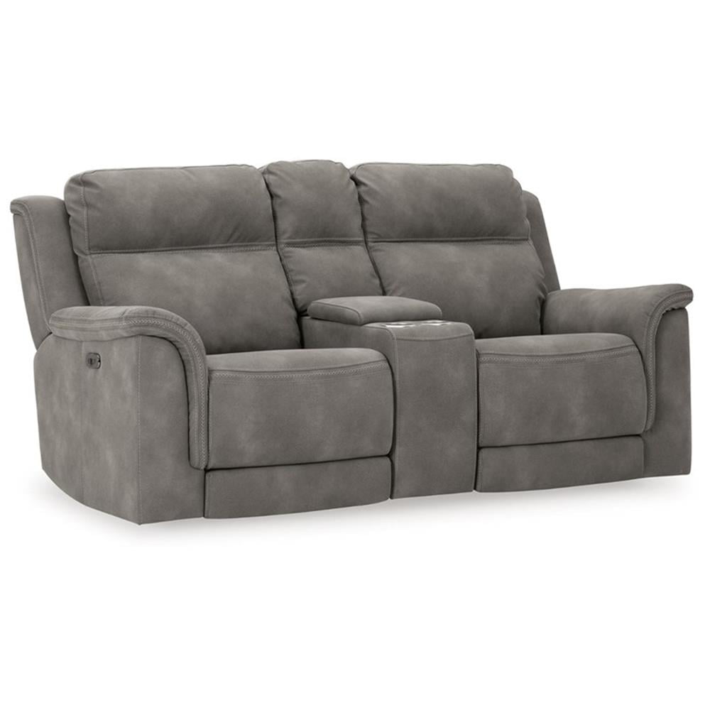 Slate Gray Faux Leather Power Reclining Loveseat with Cup Holder