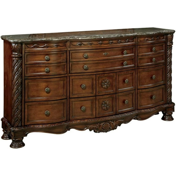 Ashley Furniture North Shore 9 Drawer Marble Top Dresser in Dark Brown