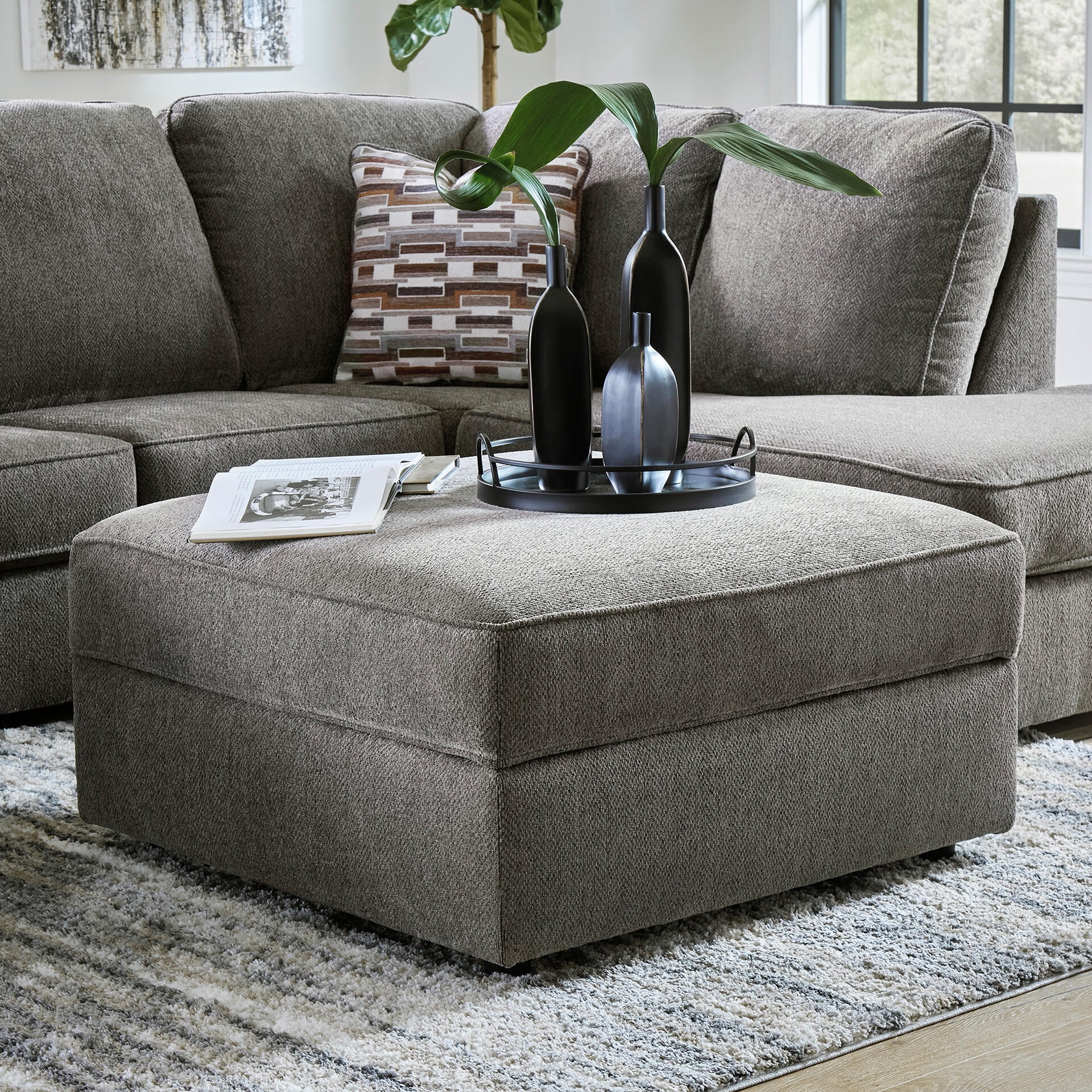 Signature Design by Ashley O’Phannon Storage Ottoman with Reversible Top, Chenille Upholstery, Putty Gray