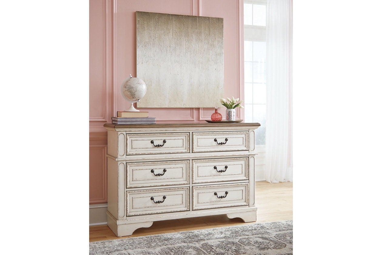 Cottage Charm White & Mahogany 6-Drawer Dresser with Mirror