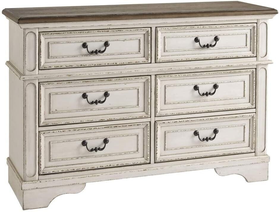 Cottage Charm White & Mahogany 6-Drawer Dresser with Mirror