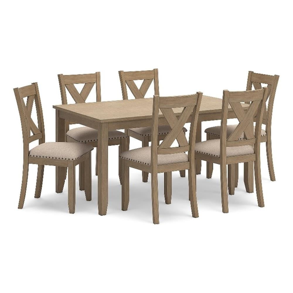 Light Brown Natural Wood Dining Table with 6 Upholstered Chairs