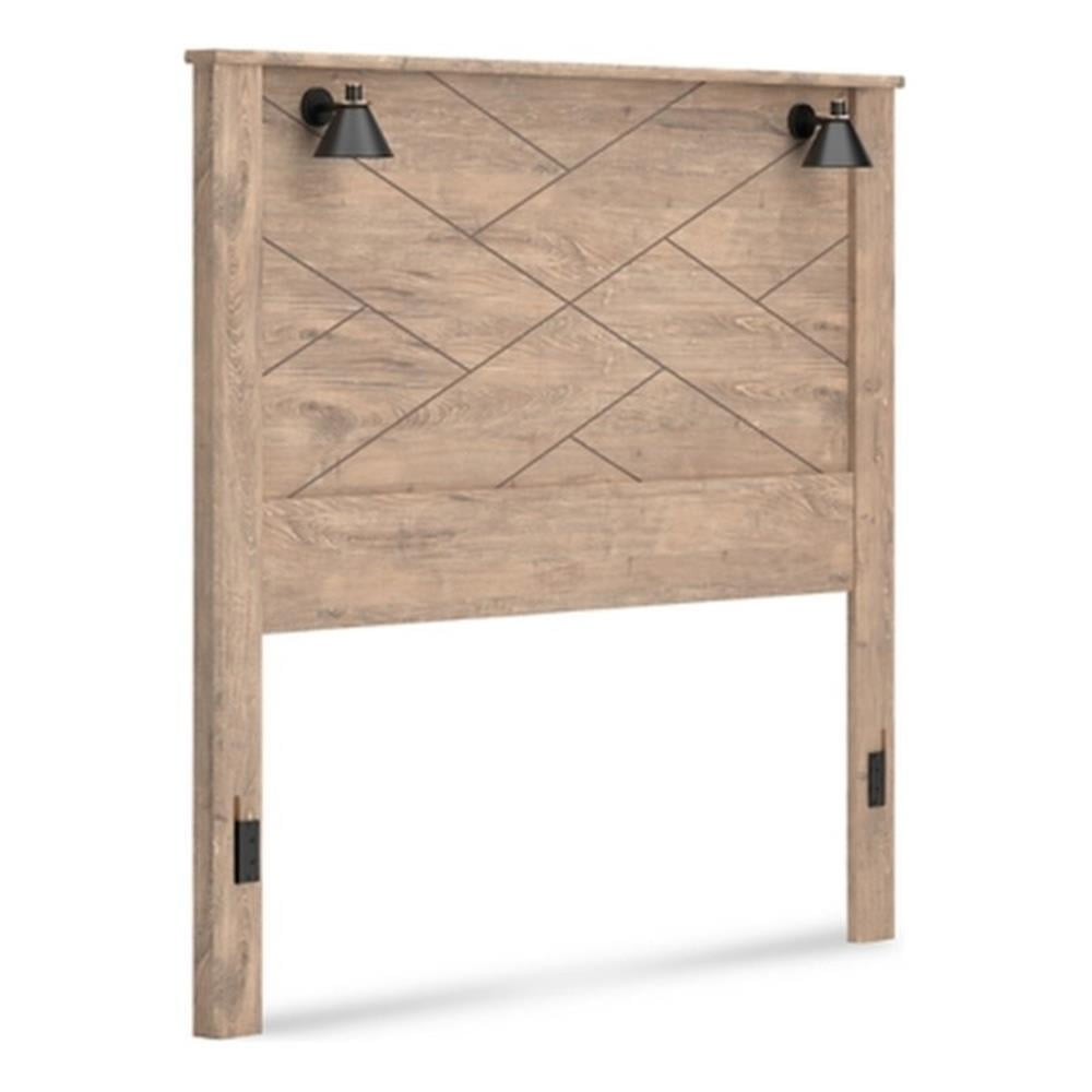 Light Natural Wood Queen Panel Headboard with Matte Black Sconce Lights