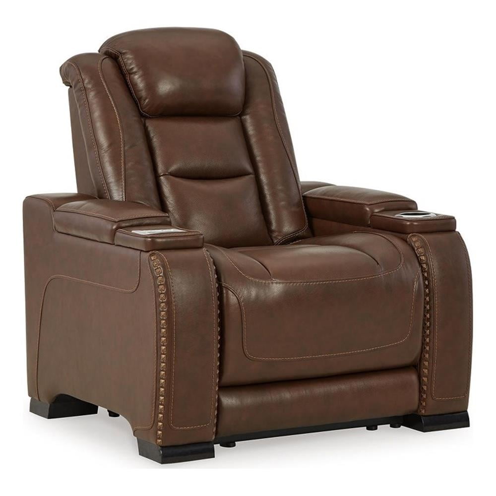Contemporary Brown Leather Power Recliner with USB Charging