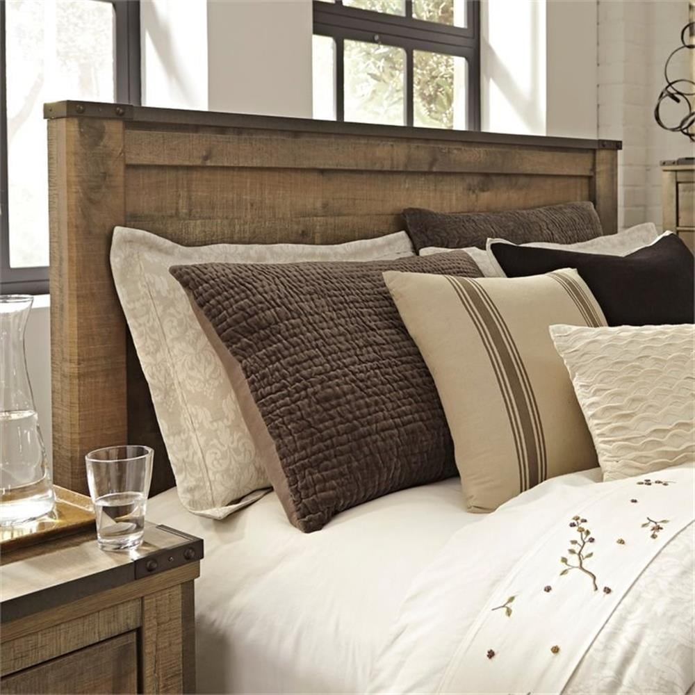 Brown Wood Upholstered King Panel Bed with Nailhead Trim