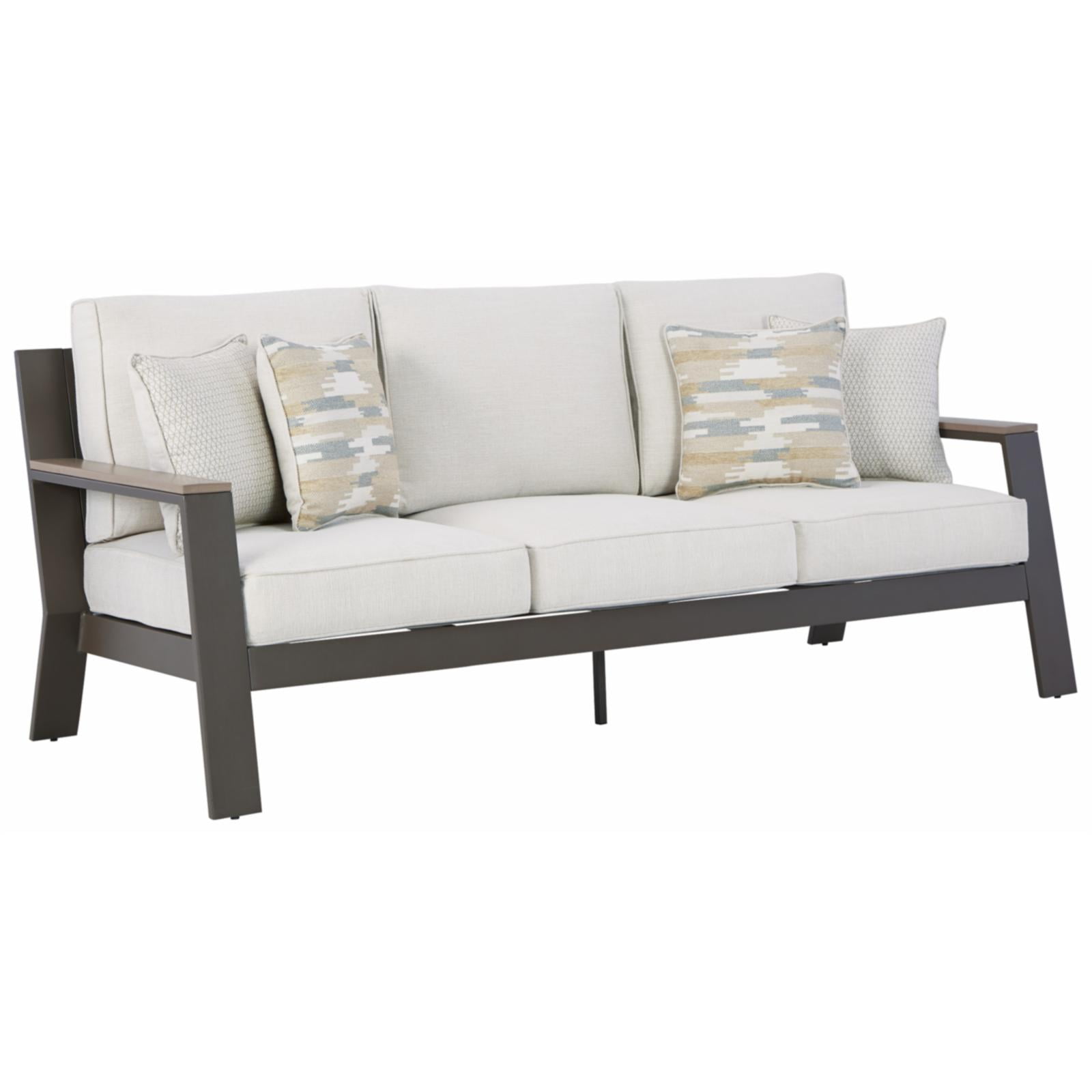Ashley Furniture Tropicava Outdoor Fabric Sofa with Cushion in Gray and Beige