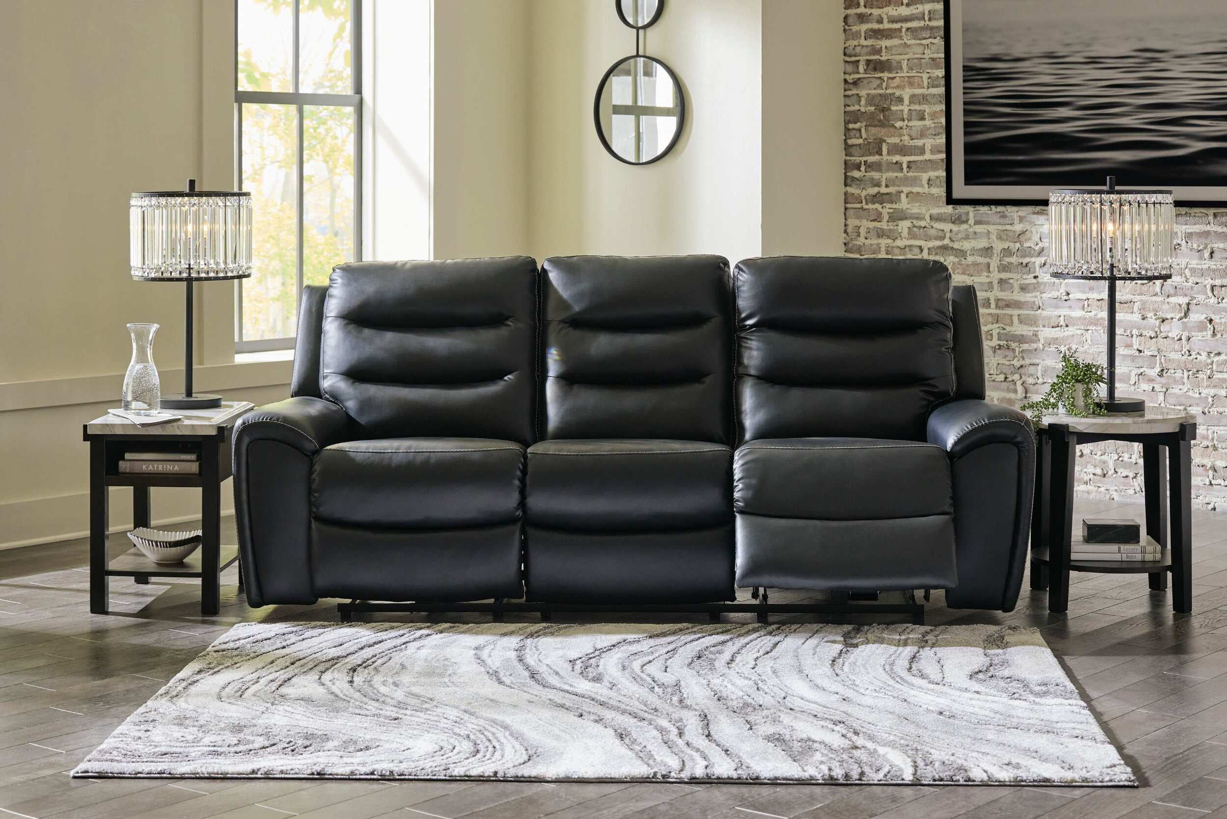 Black Faux Leather Power Reclining Sofa with Adjustable Headrests