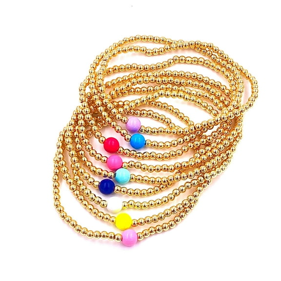 Ashley Gold Stainless Steel Gold Plated 3MM Ball Beaded Center Enamel Stretch Bracelet
