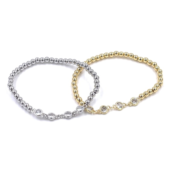 Ashley Gold Stainless Steel Gold Plated CZ Design Beaded Ball Stretch Bracelet