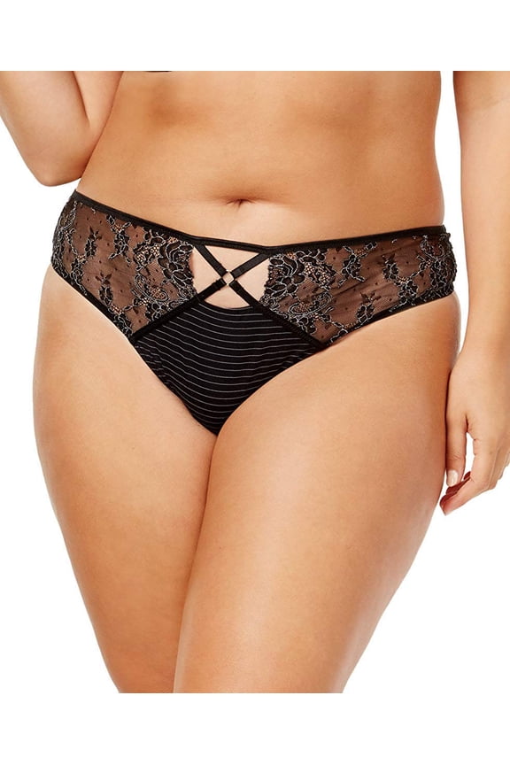 Plus Size Crisscross Keyhole Lace Thong Black 1X