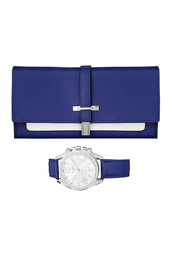 Women's Easy Reader Colorful Watch Matching with Perfect Colorful Wallet which Holds Smartphone, Credit Cards, Cash & Change Organized & Elegantly Impressive Gift Set - ST10038-N Navy