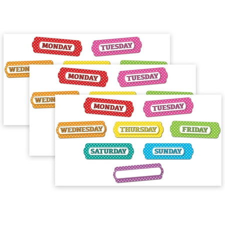 Ashley Productions Magnetic Die-Cut Timesavers & Labels, Days of the Week, White Polka Dots On Assorted Colors, 8 Per Pack, 3 Packs