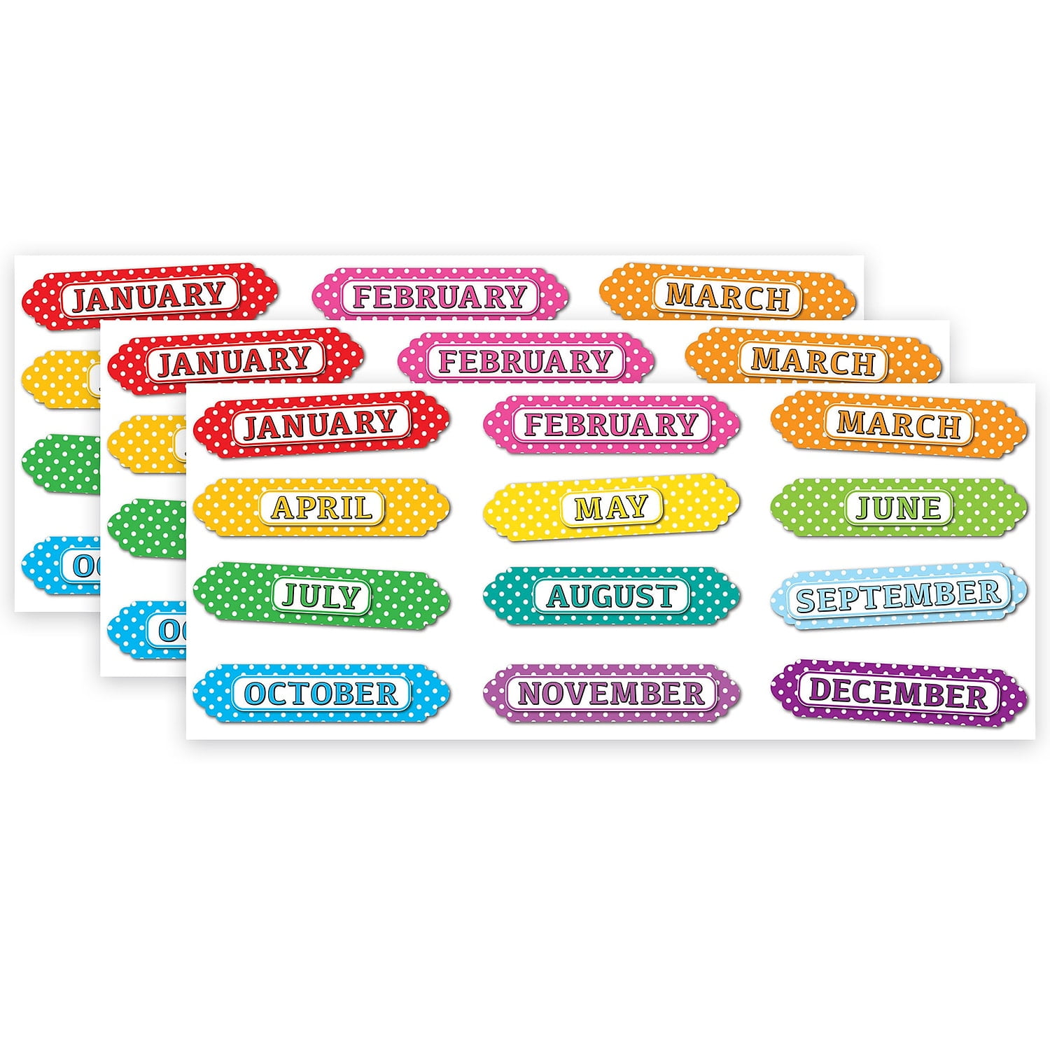 Ashley Productions Magnetic Die-Cut Timesavers & Labels, Months of the Year, White Polka Dots On Assorted Colors, 12 Per Pack, 3 Packs