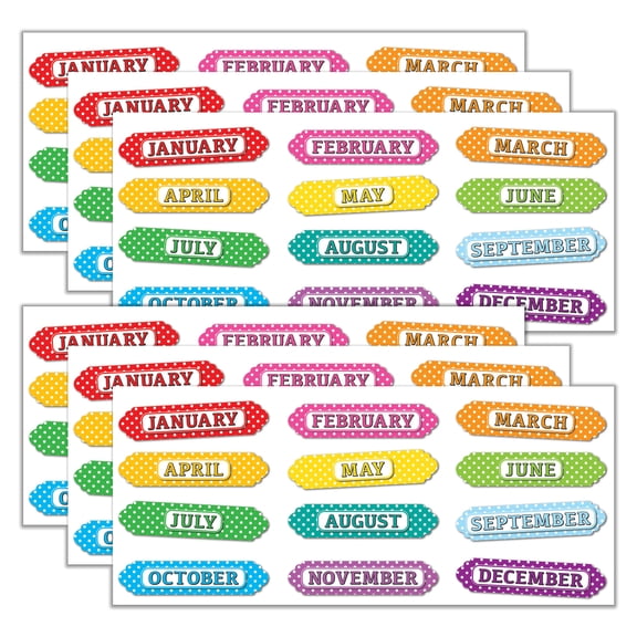 Ashley Productions Magnetic Die-Cut Timesavers & Labels, Months of the Year, White Polka Dots On Assorted Colors, 12 Per Pack, 6 Packs