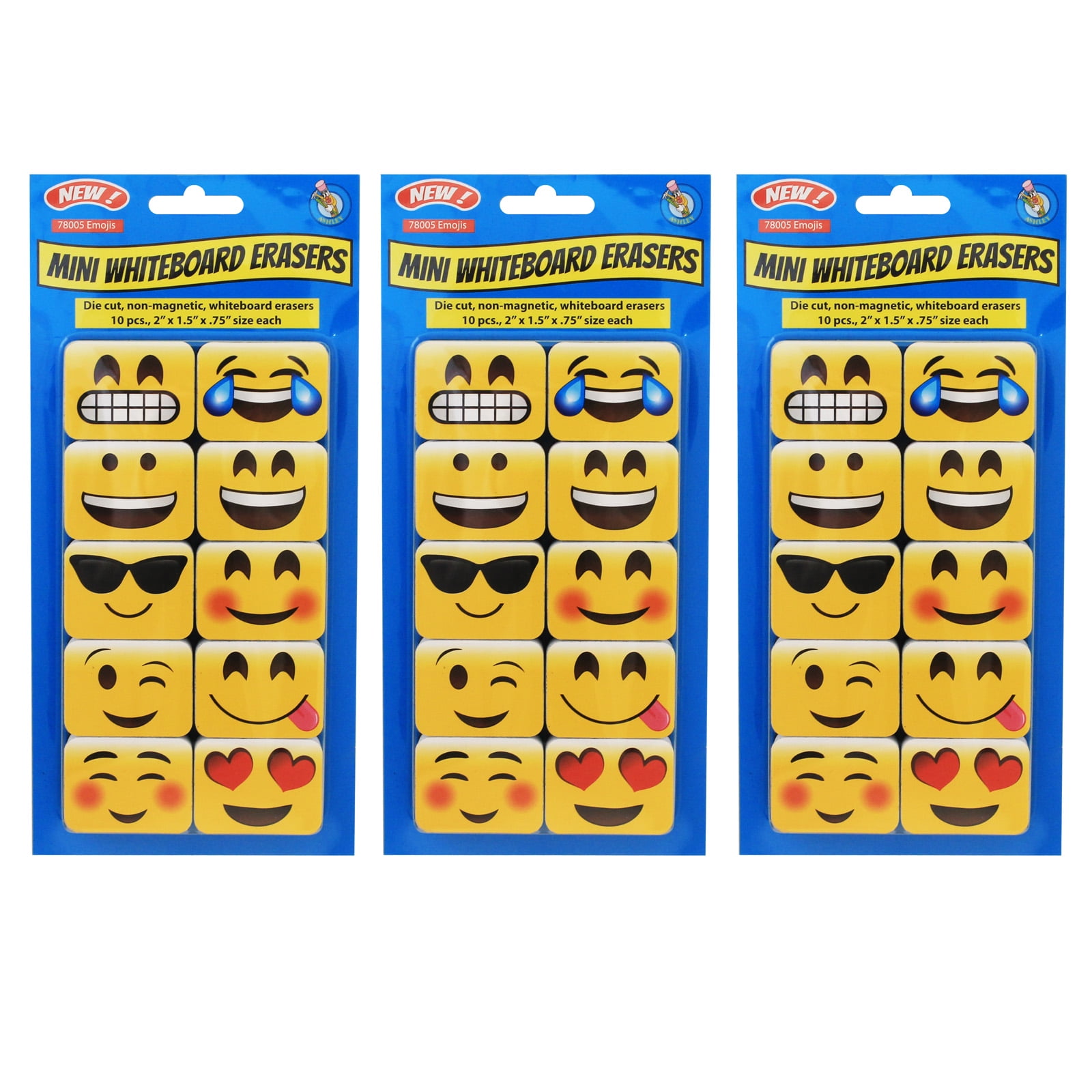 Yellow Mini Whiteboard Erasers with Emoji Faces, Pack of 30