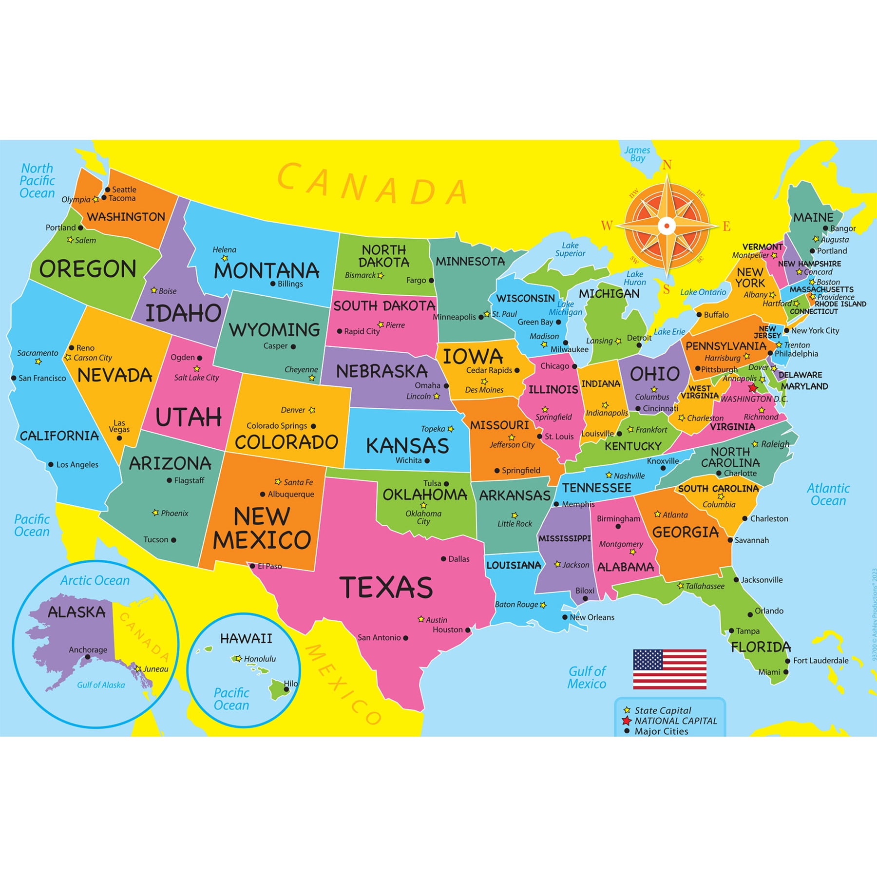 Colorful USA Map Learning Placemat for Kids, 13" x 19", Pack of 10