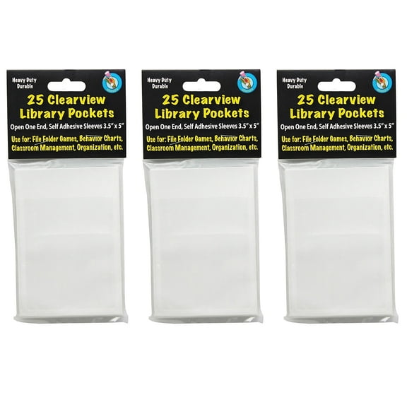 Ashley Productions Plastic Clear View Self-Adhesive Library Pocket 3.5" x 5" 25 Per Pack 3 Packs