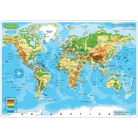 Smart Poly Learning Mat, 12" x 17", Double-Sided, World Physical Map