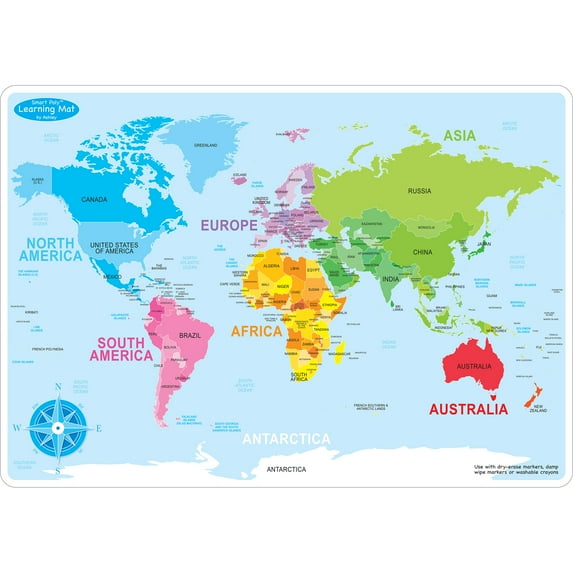 Ashley Productions Smart Poly Learning Mats, 12" x 17", Double-Sided, World Basic Map, Pack of 10