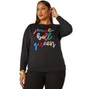 Ashley Stewart Women's Plus Size Jingle Bell Queen Embroidered Sweatshirt, Black