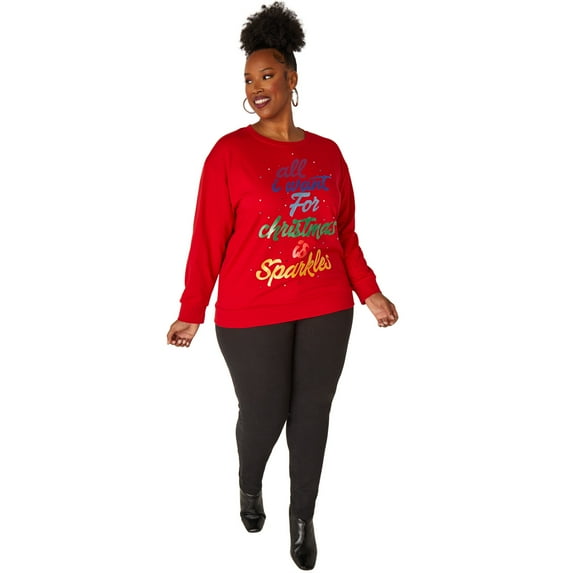 Ashley Stewart Women's Plus Size All I Want For Christmas Is Sparkle Sweatshirt, Red