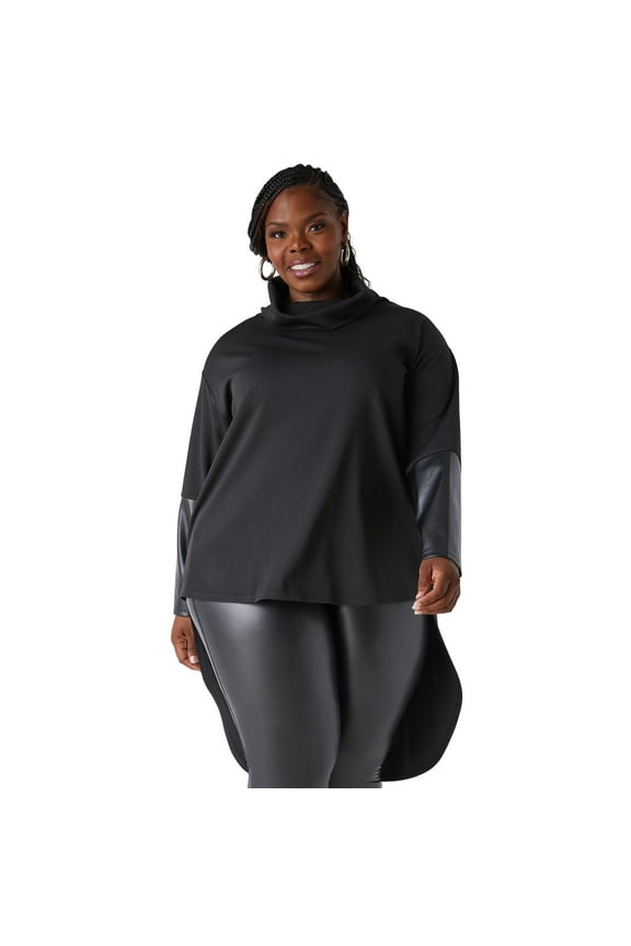 Women's Plus Size Faux Leather Paneled Hi Low Tunic, Black