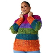 Ashley Stewart Women's Plus Size Fringed Rainbow Cable Knit Sweater